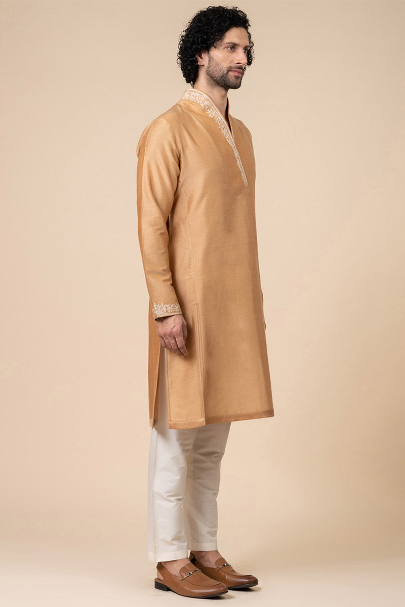 Yellow Ochre Kurta Set with Stylised Embroidered Neck