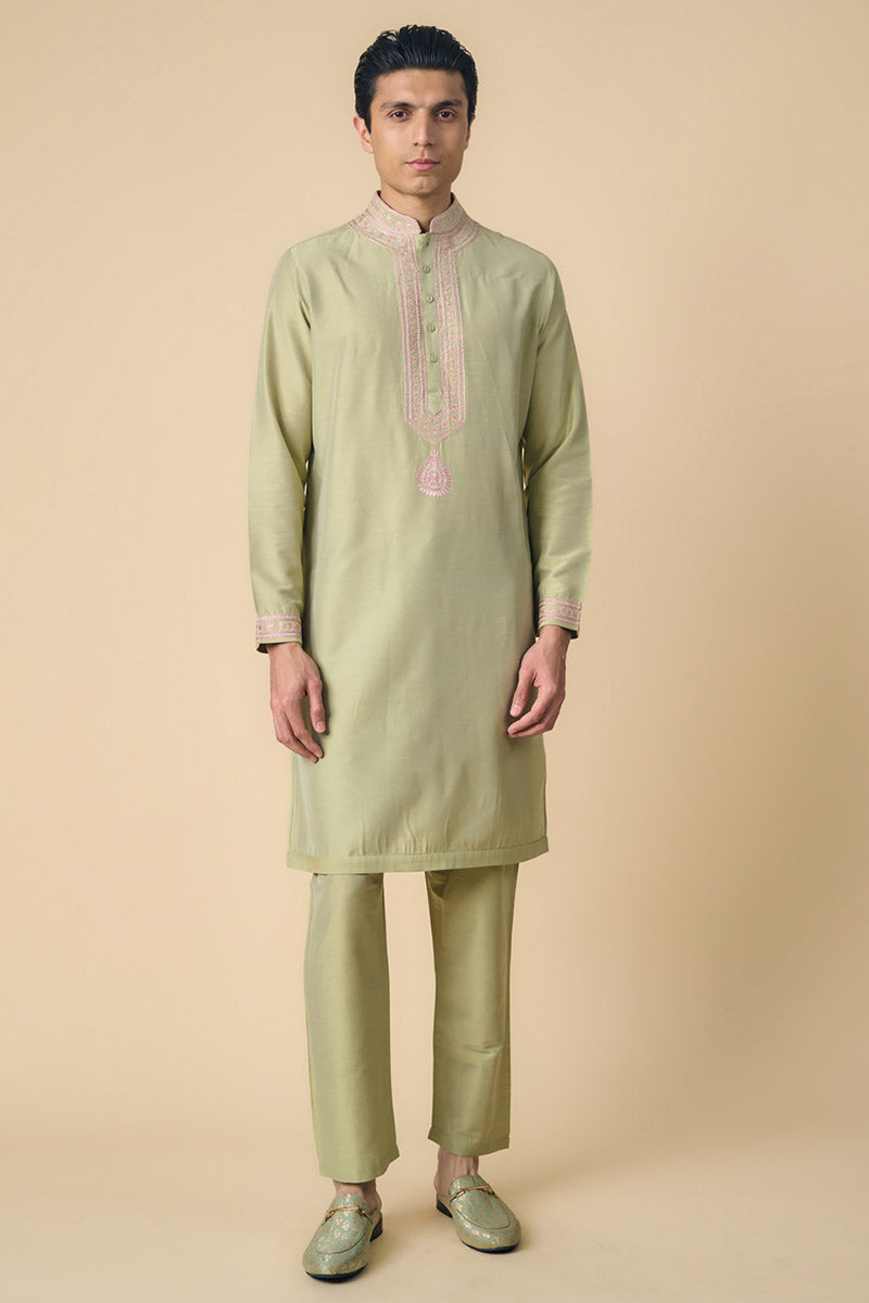 Light Green Kurta Set With Embroidered Collar and Placket