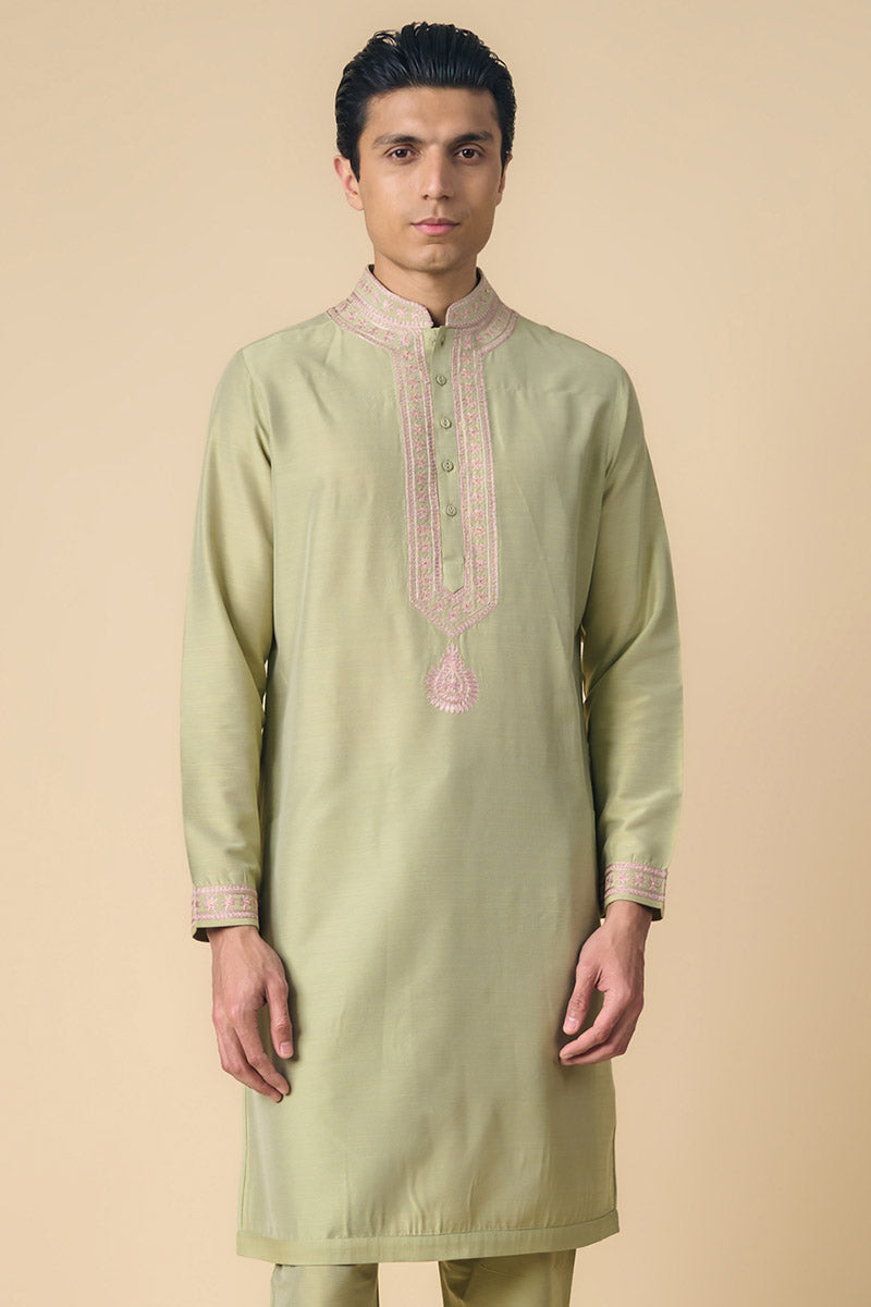 Light Green Kurta Set With Embroidered Collar and Placket