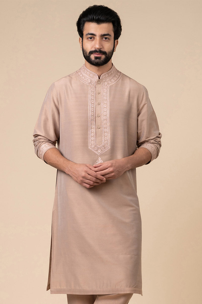 Pink Kurta Set With Embroidered Collar and Placket