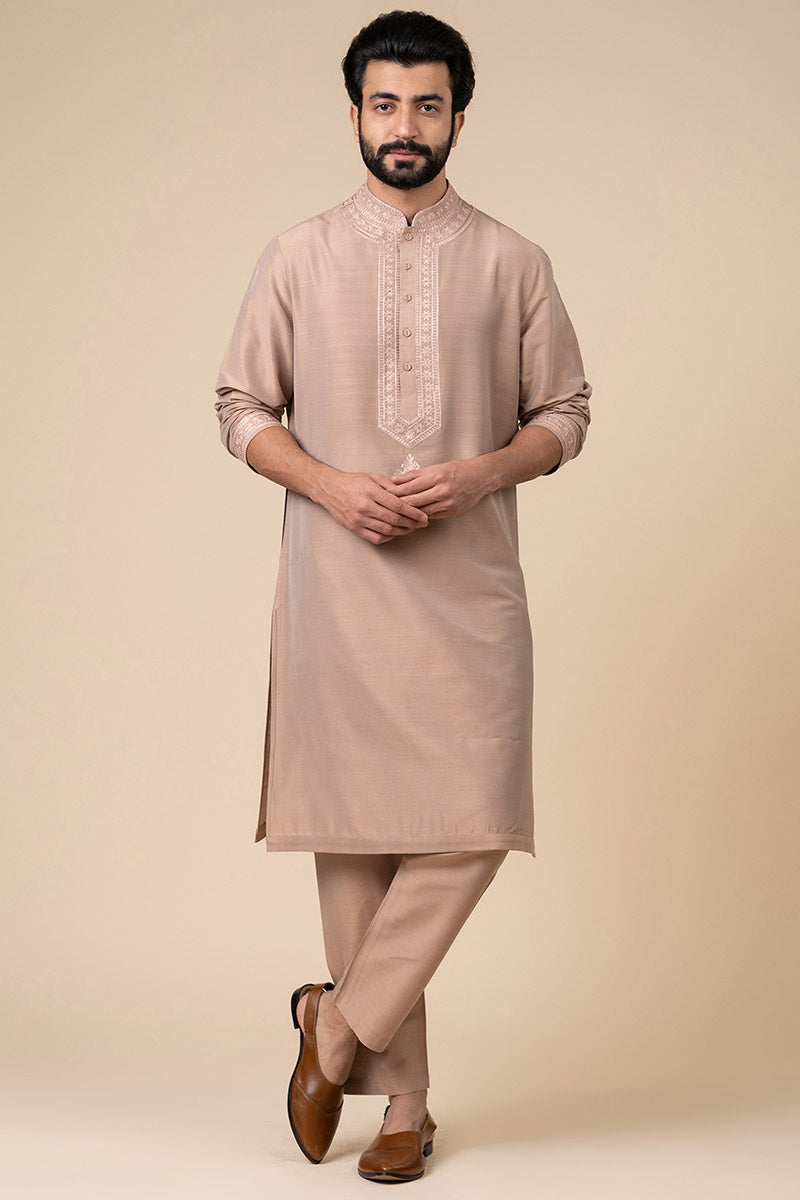 Pink Kurta Set With Embroidered Collar and Placket