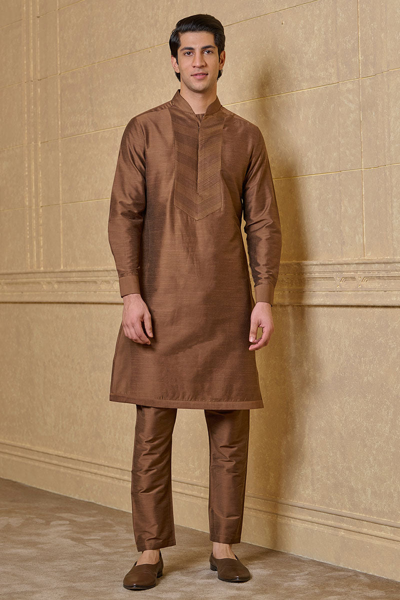 Brown Kurta Set With Pintuck Yoke Detailing