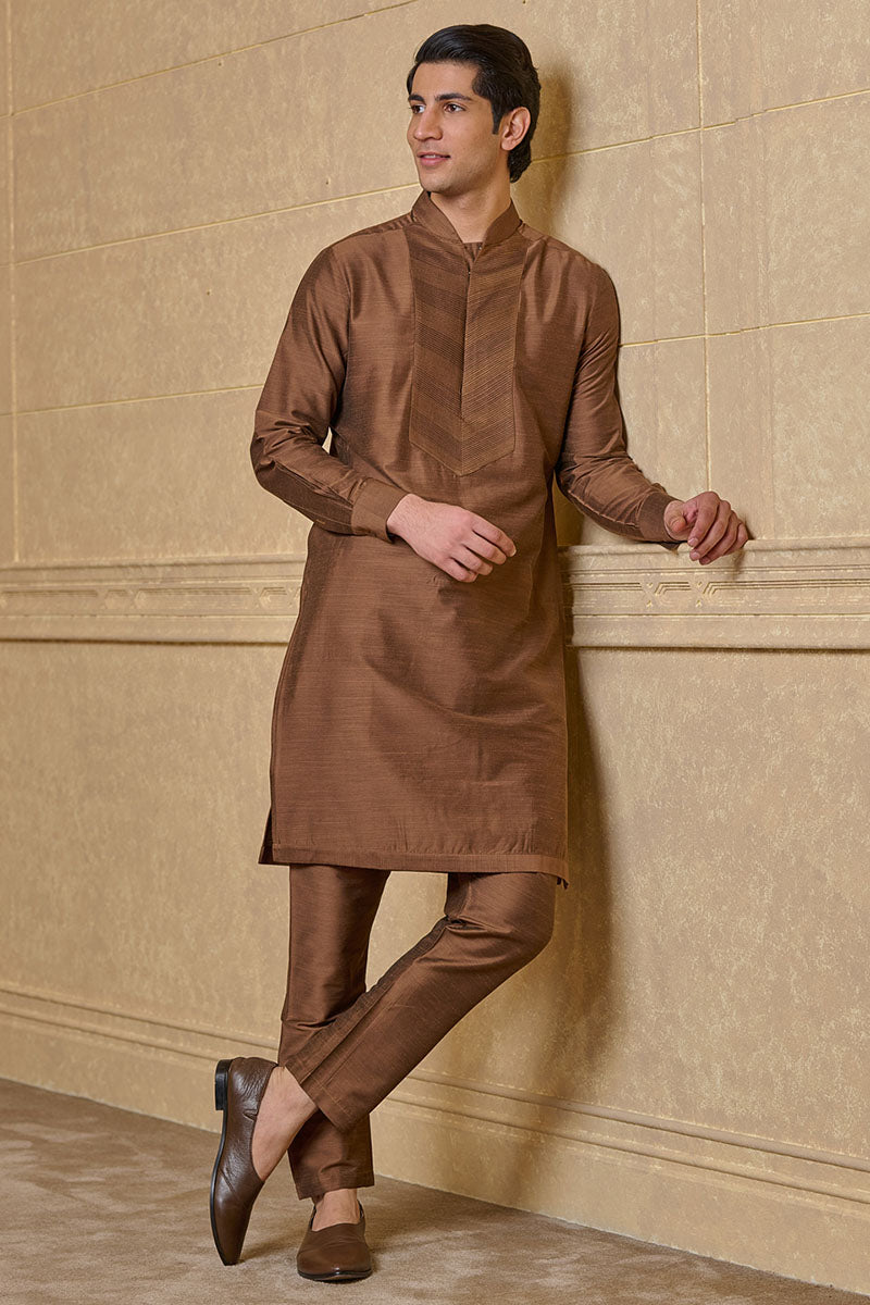 Brown Kurta Set With Pintuck Yoke Detailing