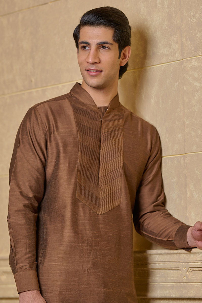 Brown Kurta Set With Pintuck Yoke Detailing