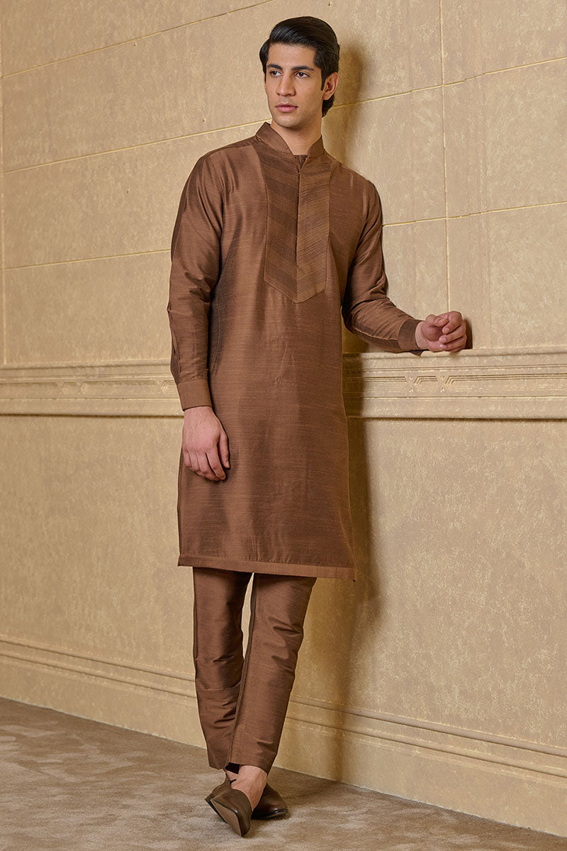 Brown Kurta Set With Pintuck Yoke Detailing