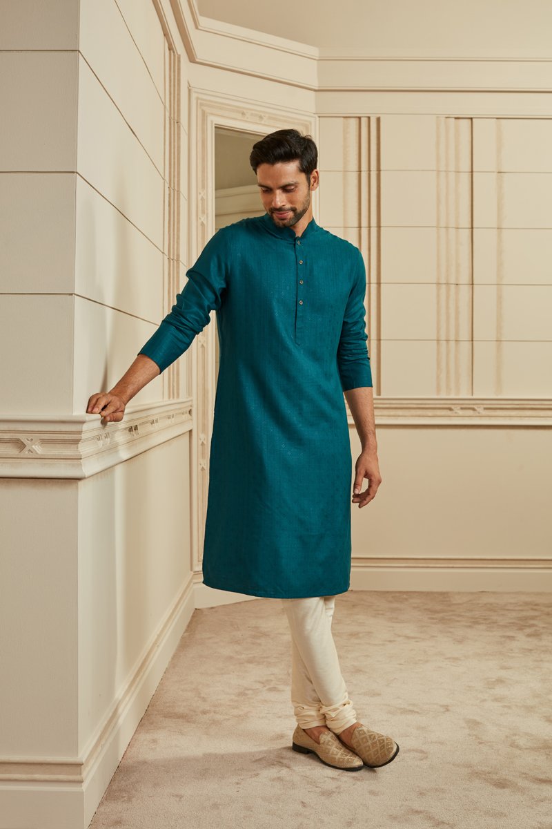 Teal Textured Kurta Set