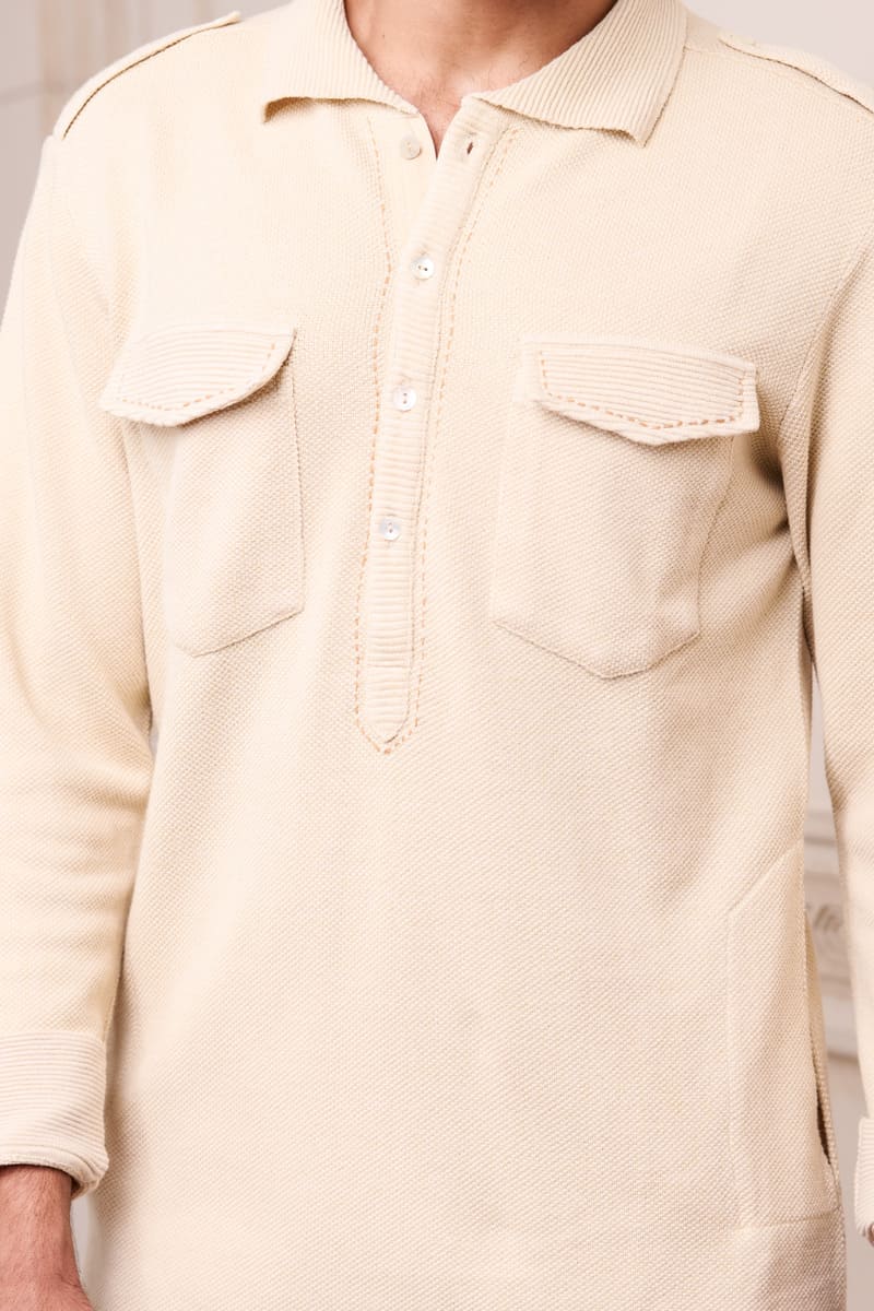 Cream Kurta Set With Kantha Stitch Detailing