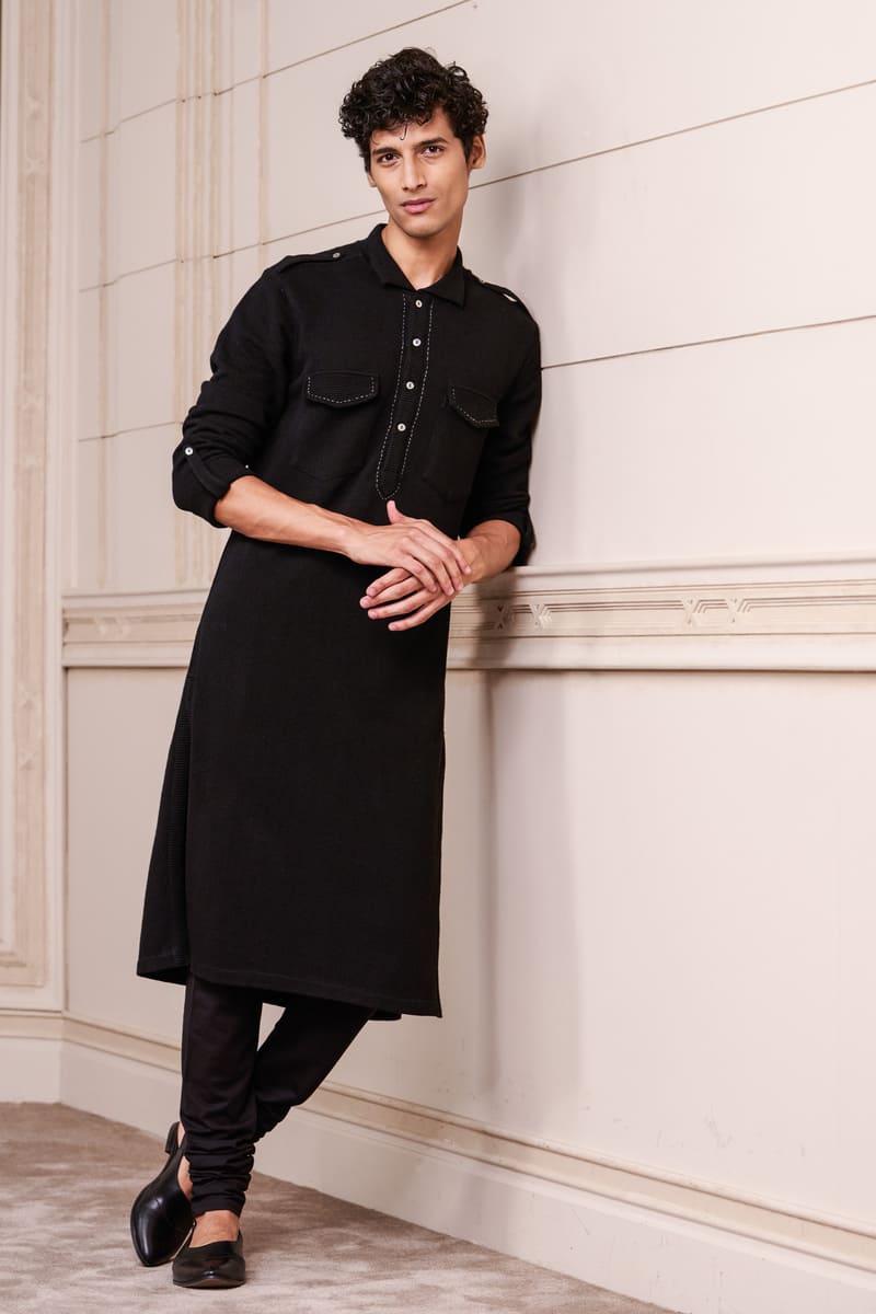 Black Kurta Set With Kantha Stitch Detailing