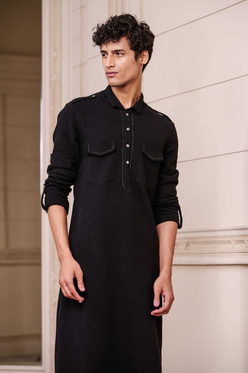 Black Kurta Set With Kantha Stitch Detailing