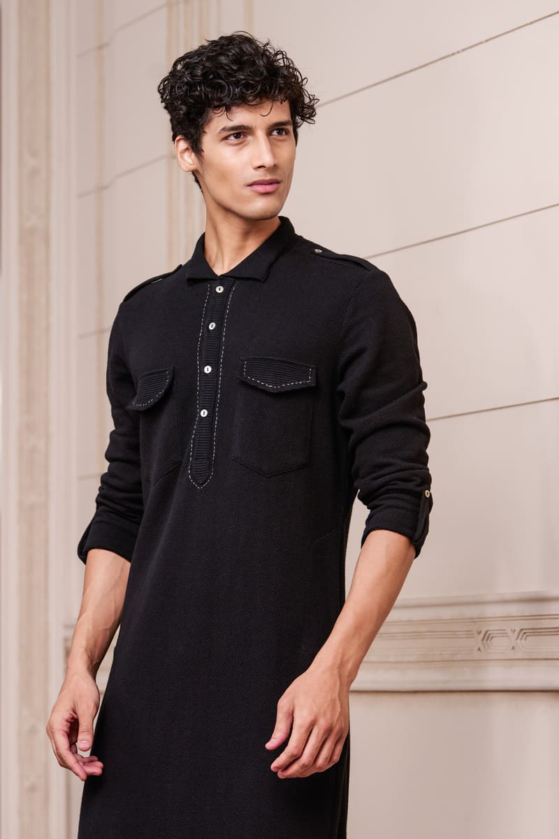 Black Kurta Set With Kantha Stitch Detailing