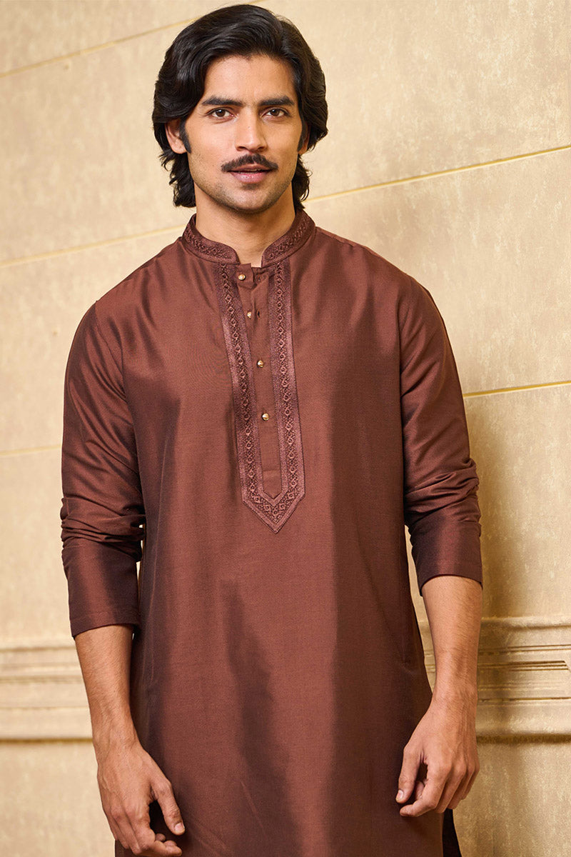 Brown Kurta Set With Embroidered Placket