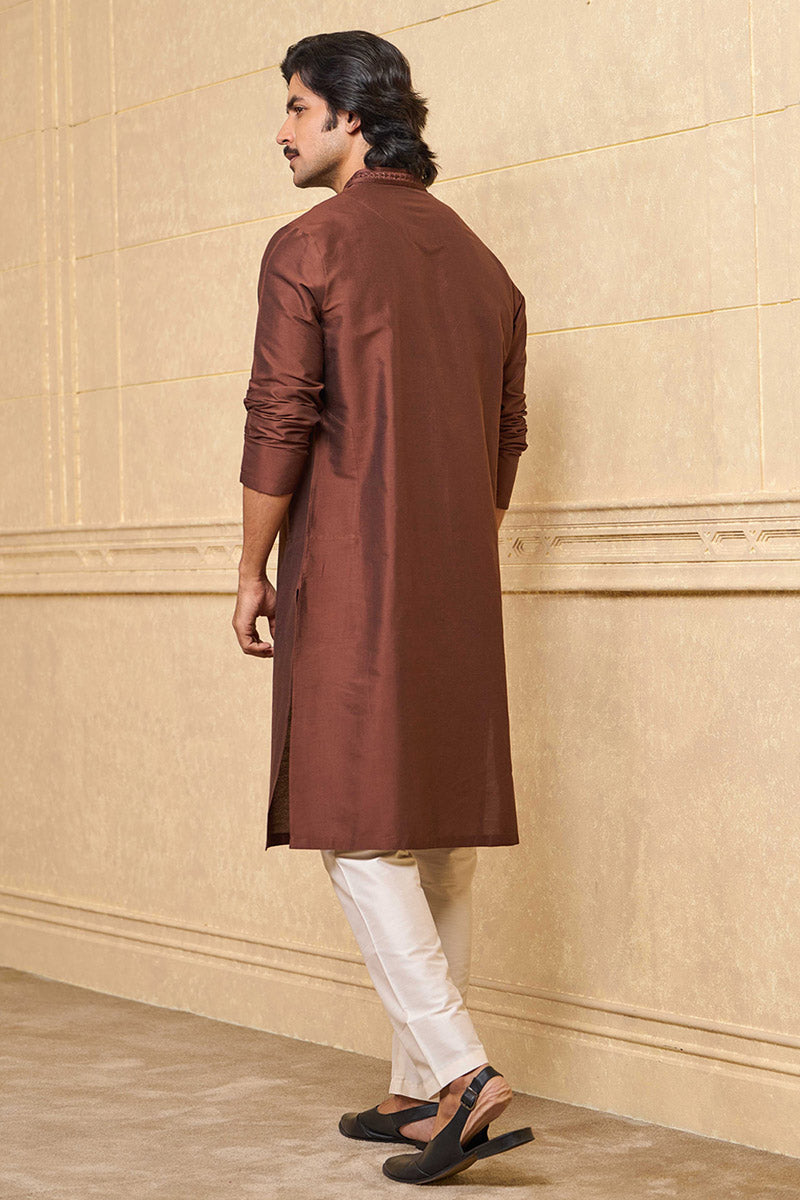 Brown Kurta Set With Embroidered Placket