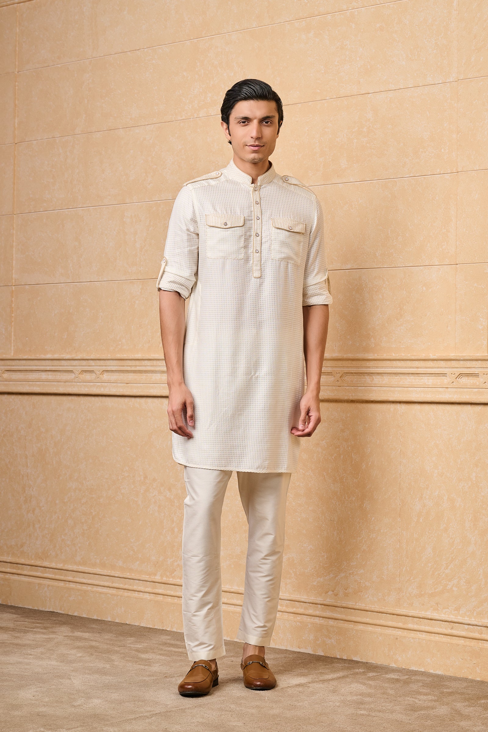 Ivory Cotton Jacquard Kurta Set With Front Pockets