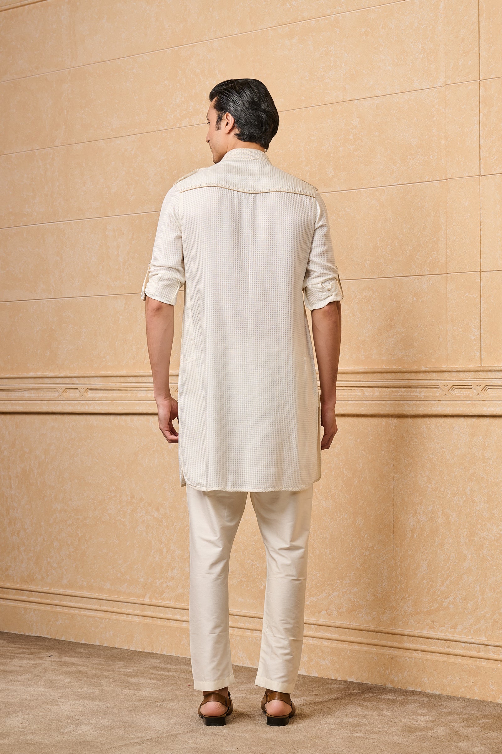 Ivory Cotton Jacquard Kurta Set With Front Pockets