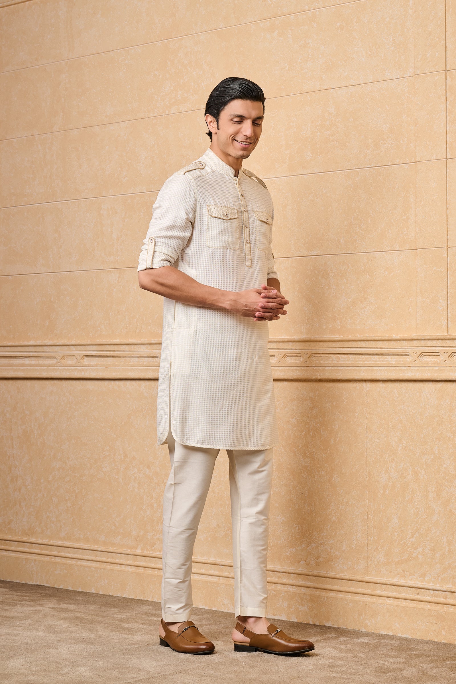 Ivory Cotton Jacquard Kurta Set With Front Pockets