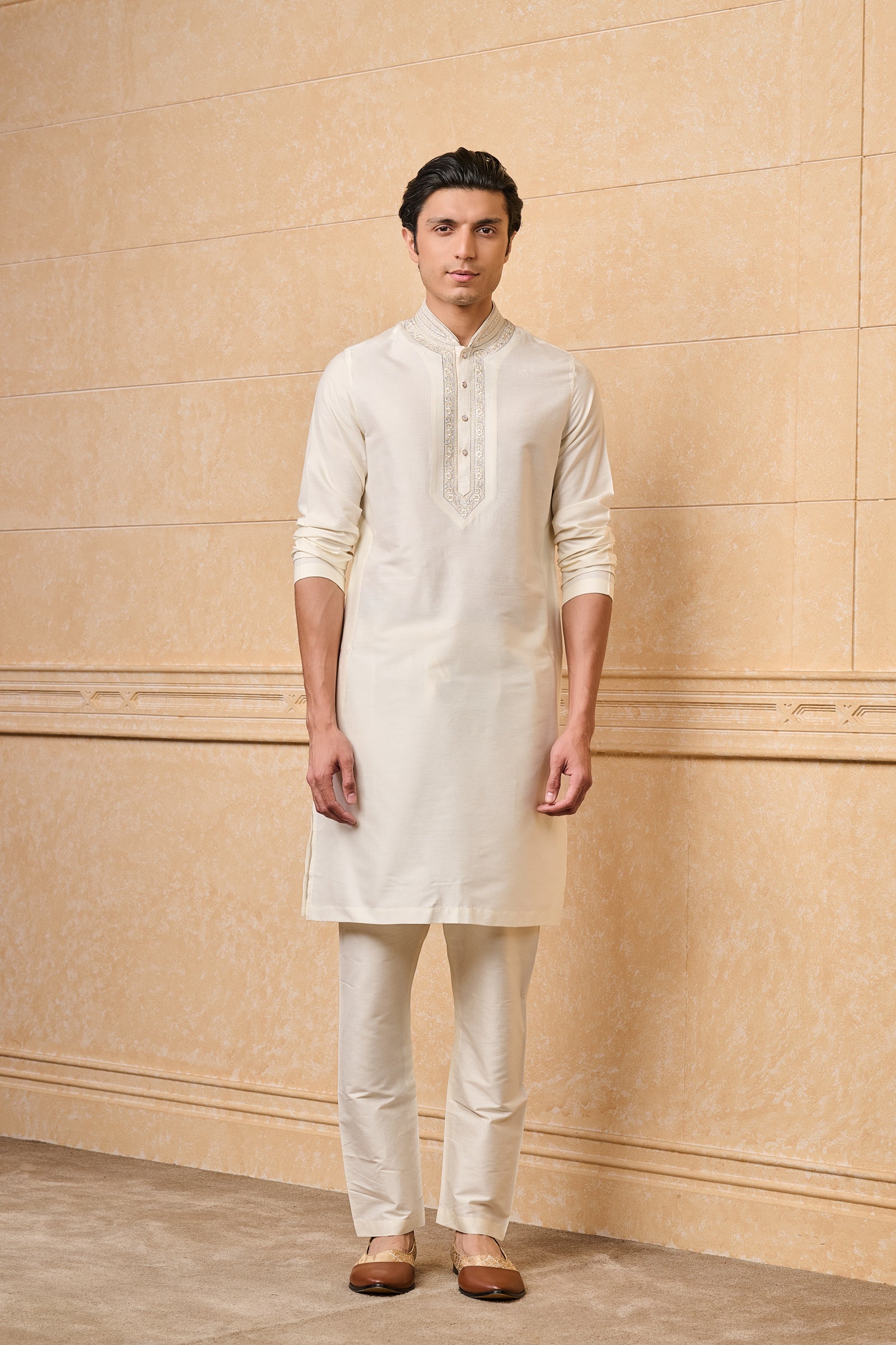 Ivory Kurta Set With Dori Embroidered Placket and Collar