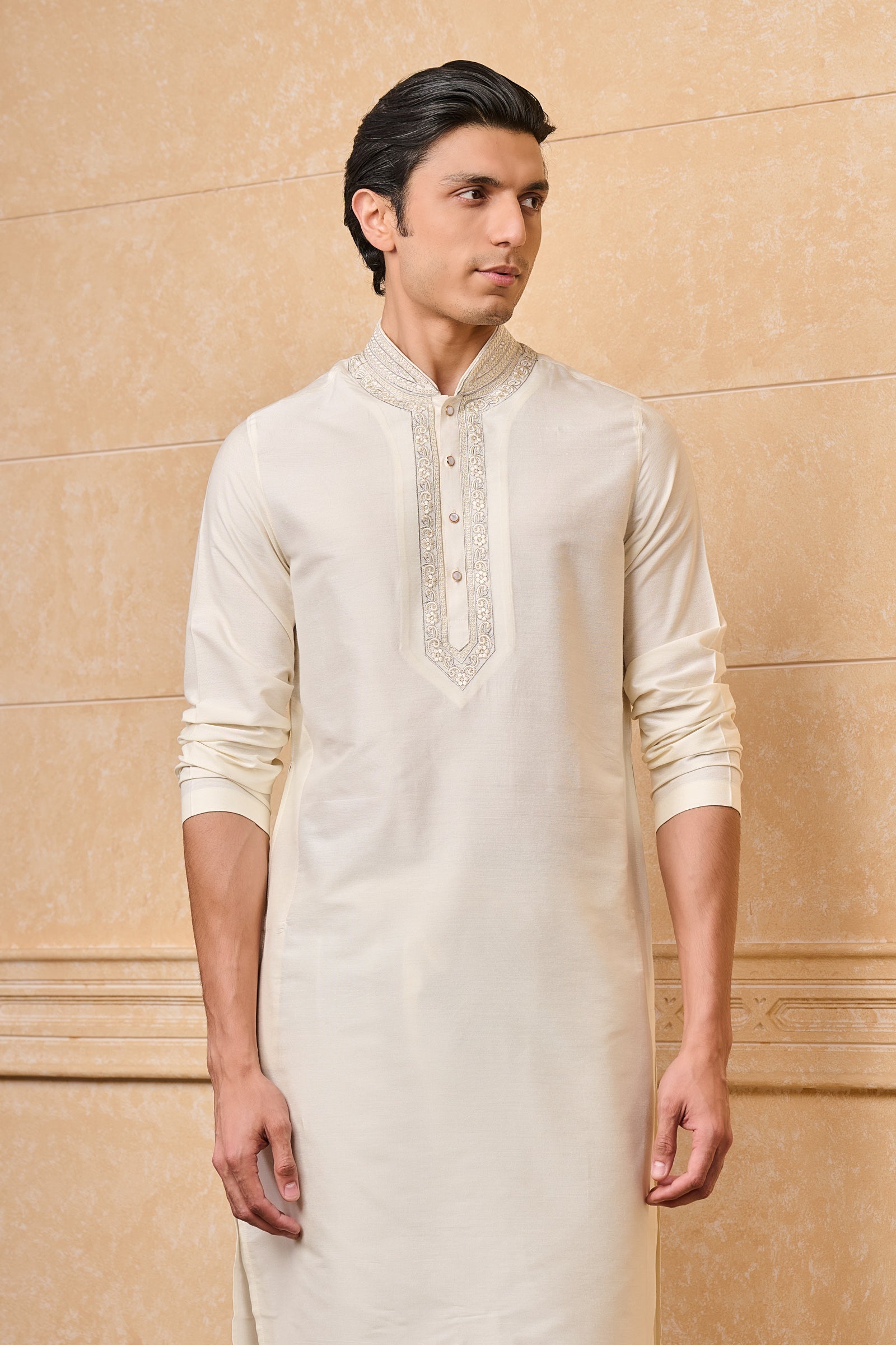 Ivory Kurta Set With Dori Embroidered Placket and Collar