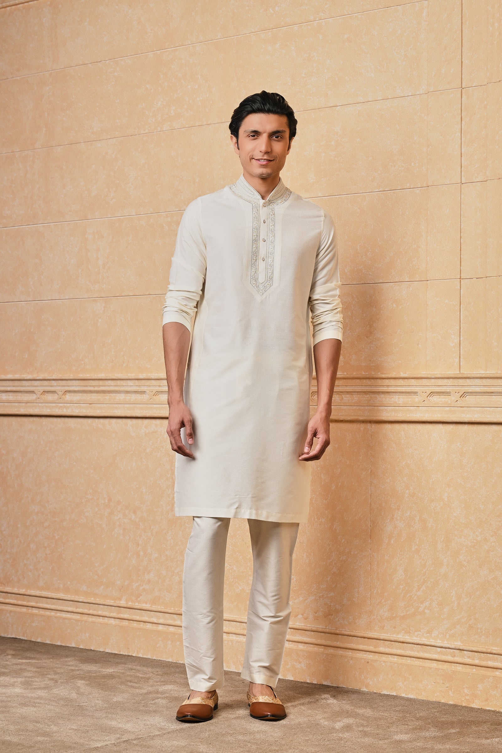 Ivory Kurta Set With Dori Embroidered Placket and Collar