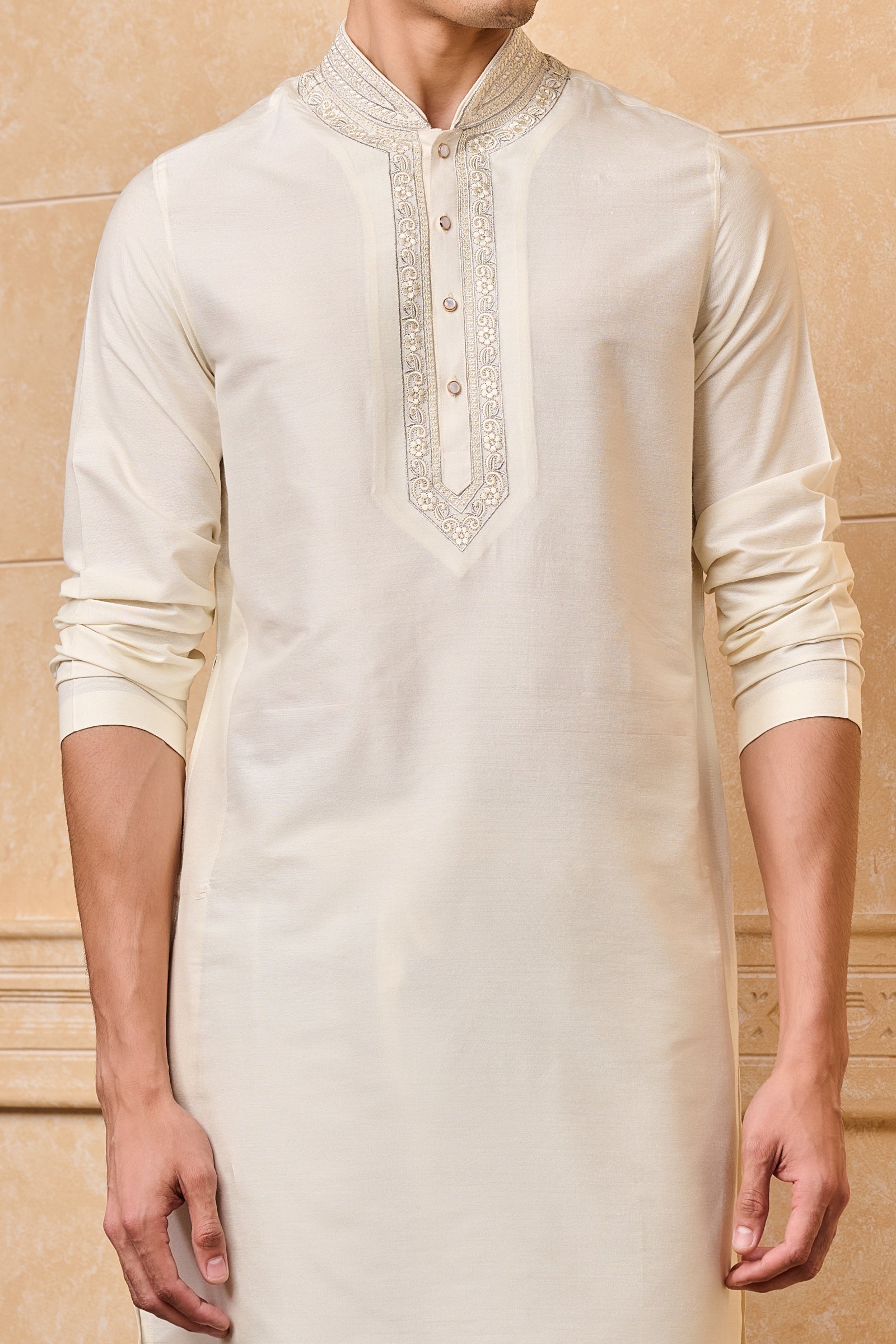 Ivory Kurta Set With Dori Embroidered Placket and Collar