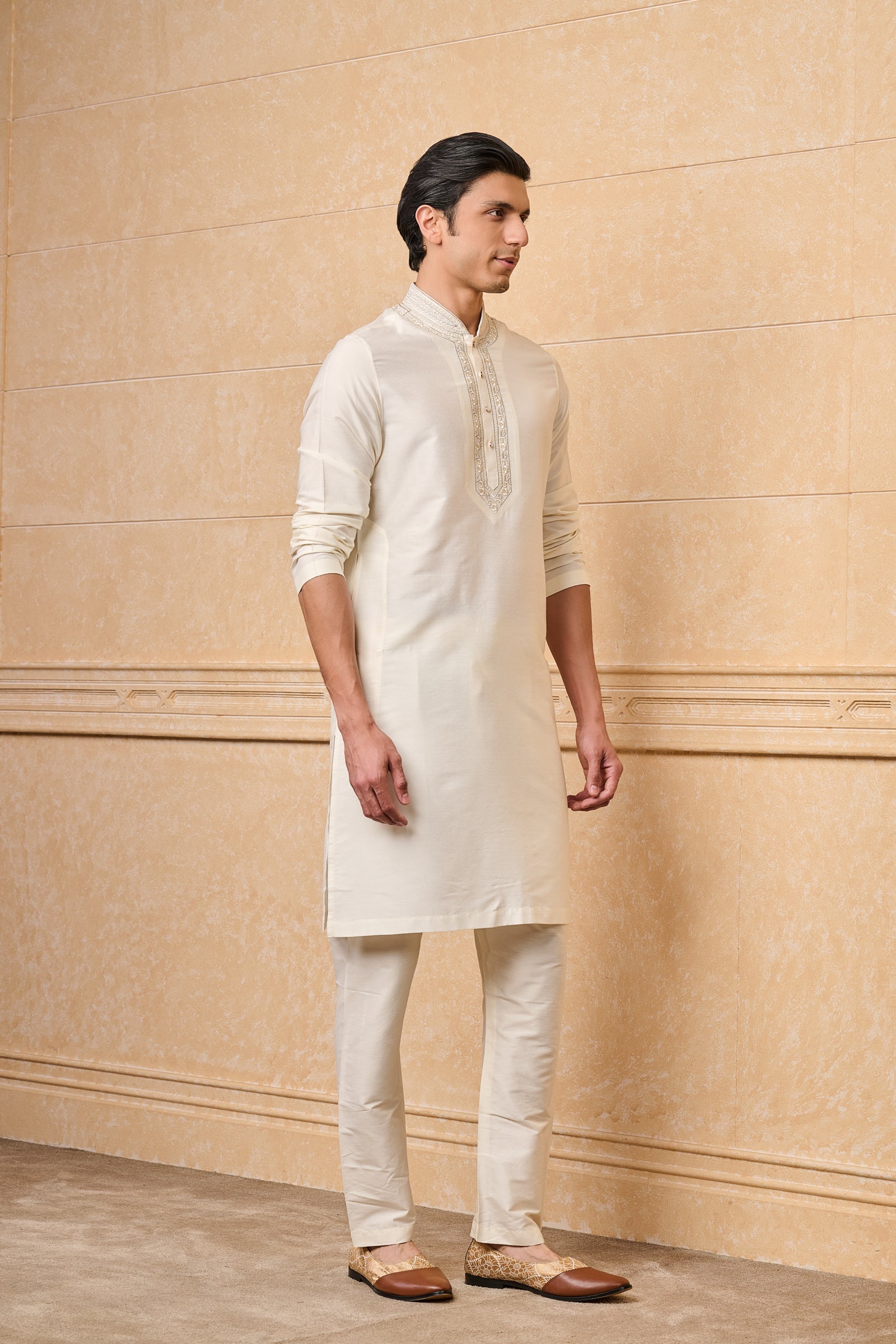 Ivory Kurta Set With Dori Embroidered Placket and Collar