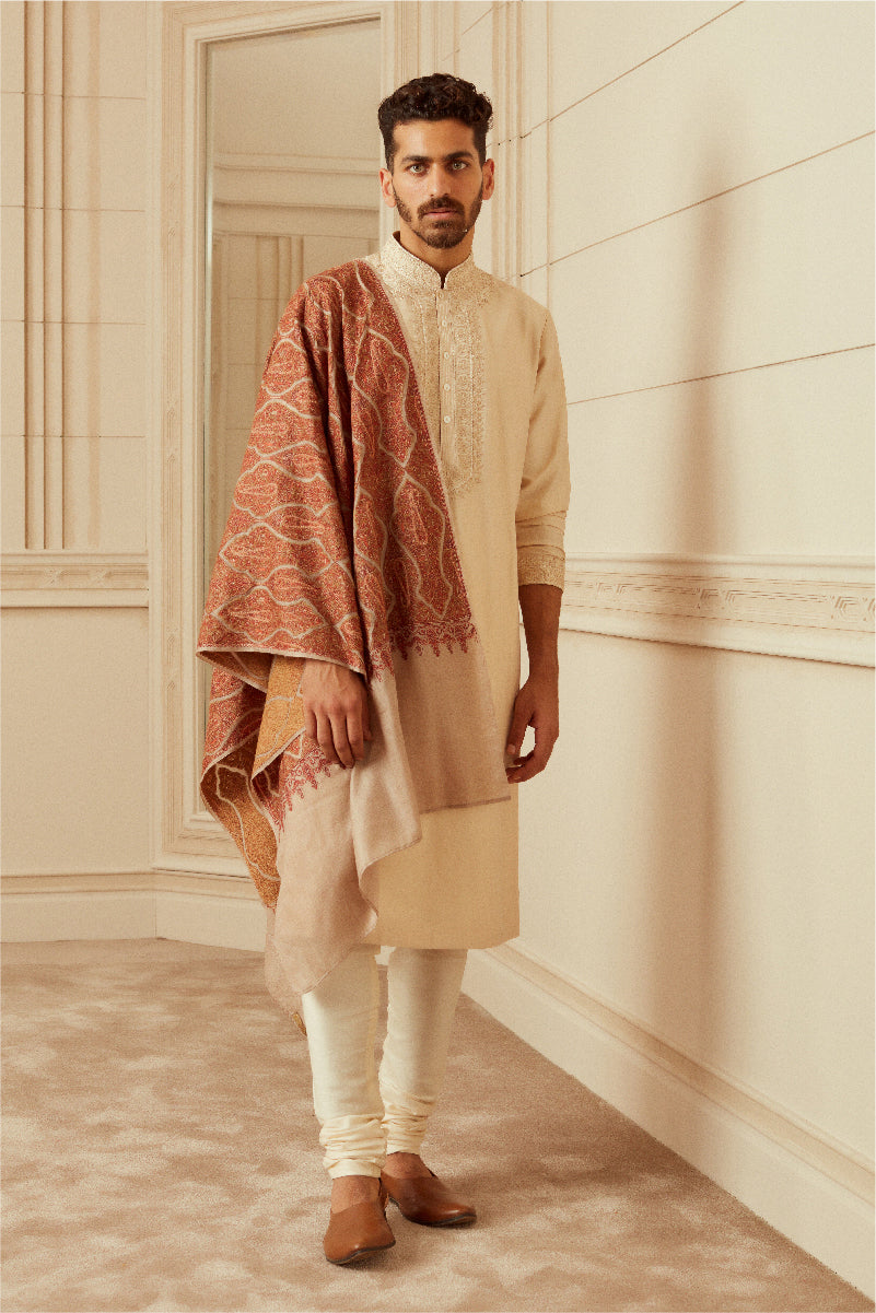 Beige Spun Silk Kurta Set With Thread Embroidery