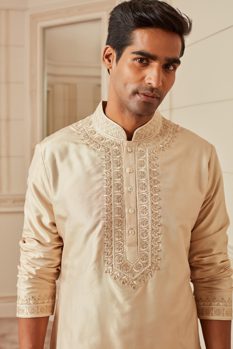 Beige Spun Silk Kurta Set With Thread Embroidery