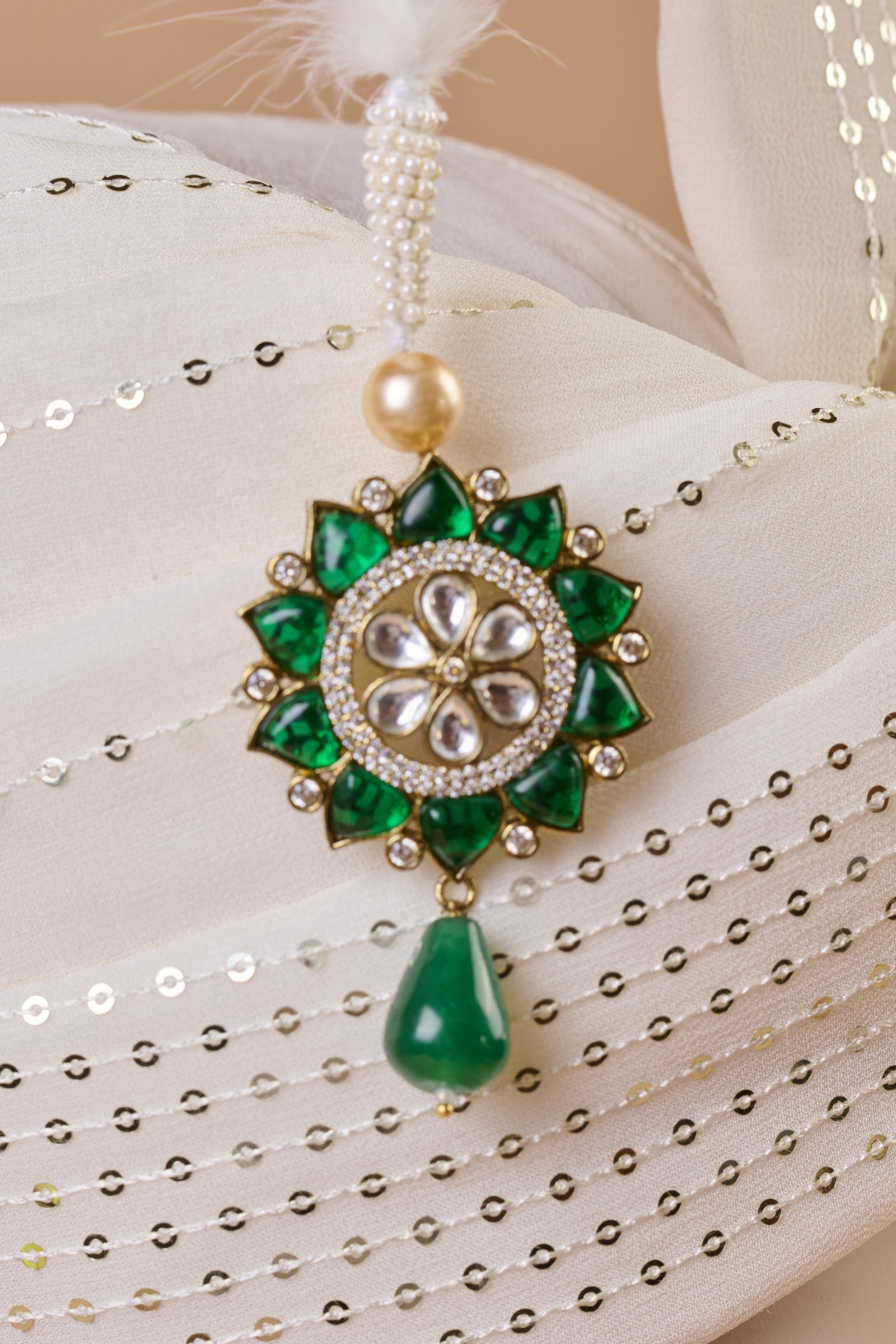 Dark Green Oval Crystal Sarpech With Drop Bead Detailing