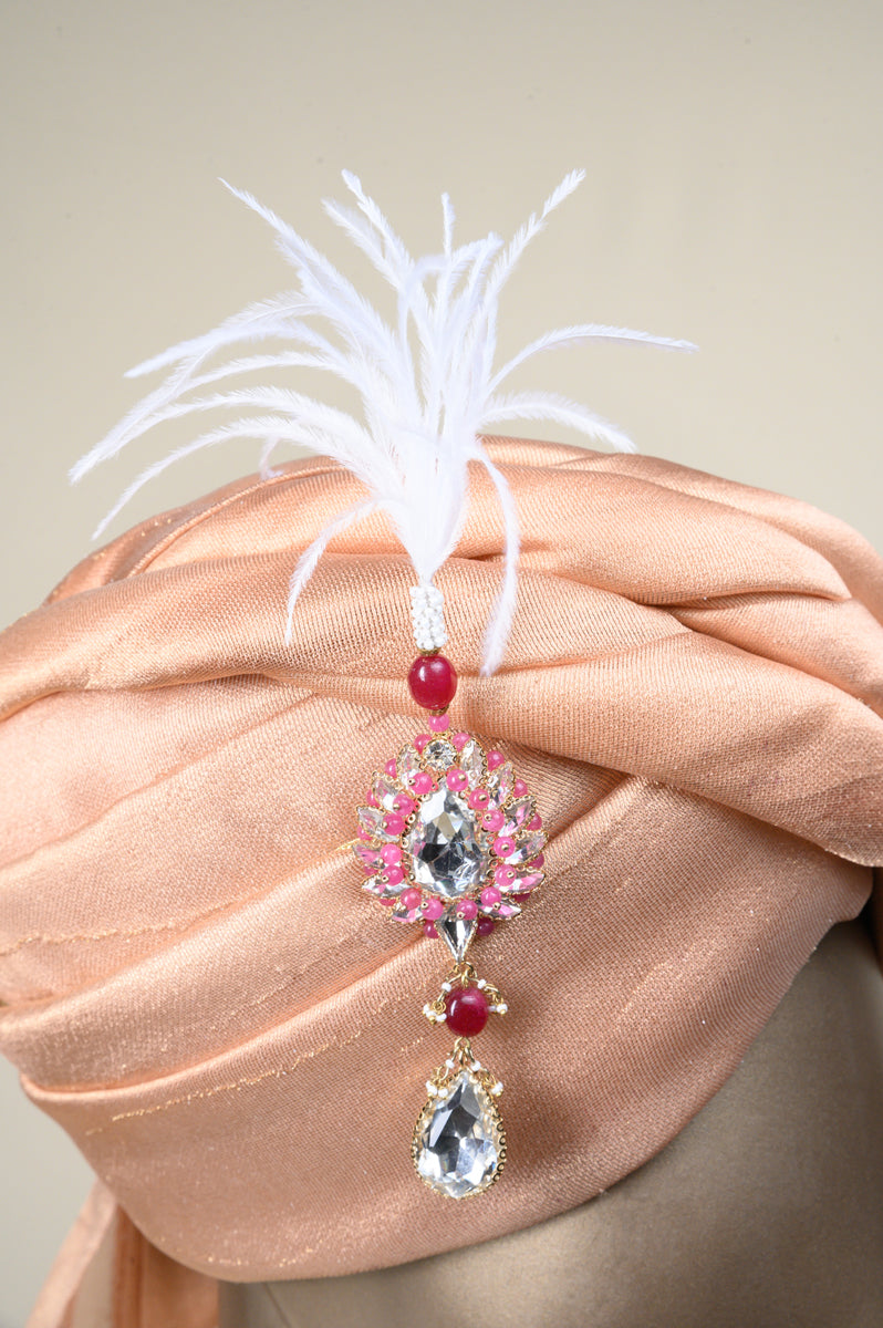 Pink Pearl Crystal Drop Sarpech With Feather