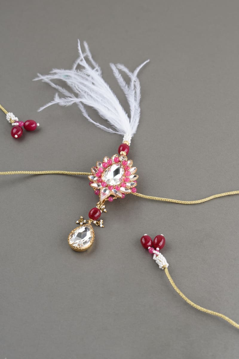 Pink Pearl Crystal Drop Sarpech With Feather