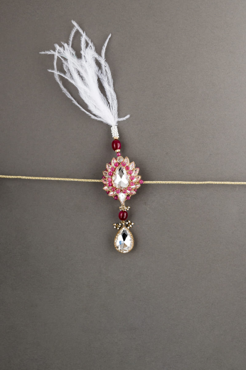 Pink Pearl Crystal Drop Sarpech With Feather