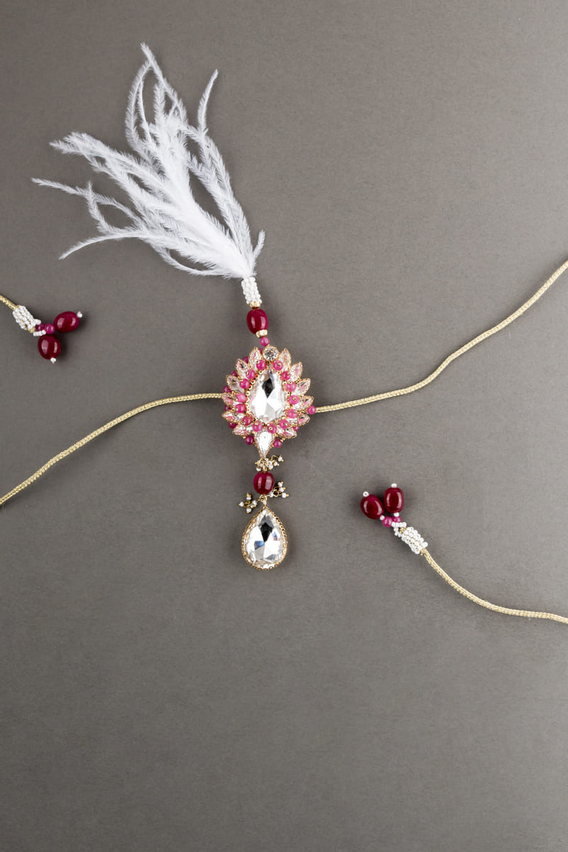 Pink Pearl Crystal Drop Sarpech With Feather