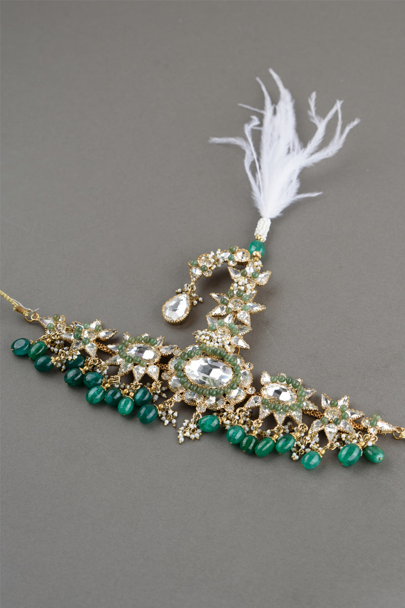 Dark Green Pearl Crystal Drop Floral Pattern Sarpech With Feather