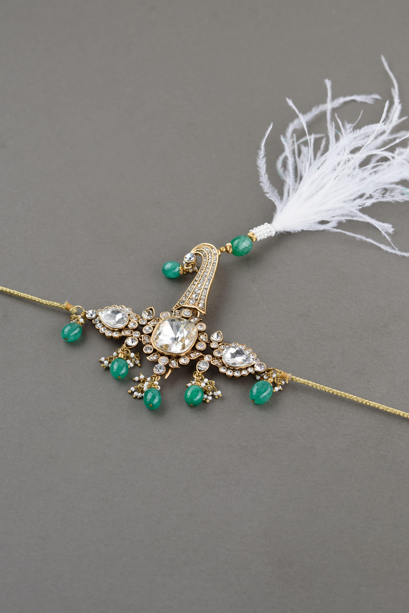 Dark Green Minimal Crystal Drop Sarpech With Feather Detail