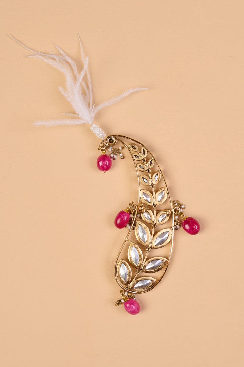 Ambi Shaped Sarpech With Pink Drop Beads & Feather