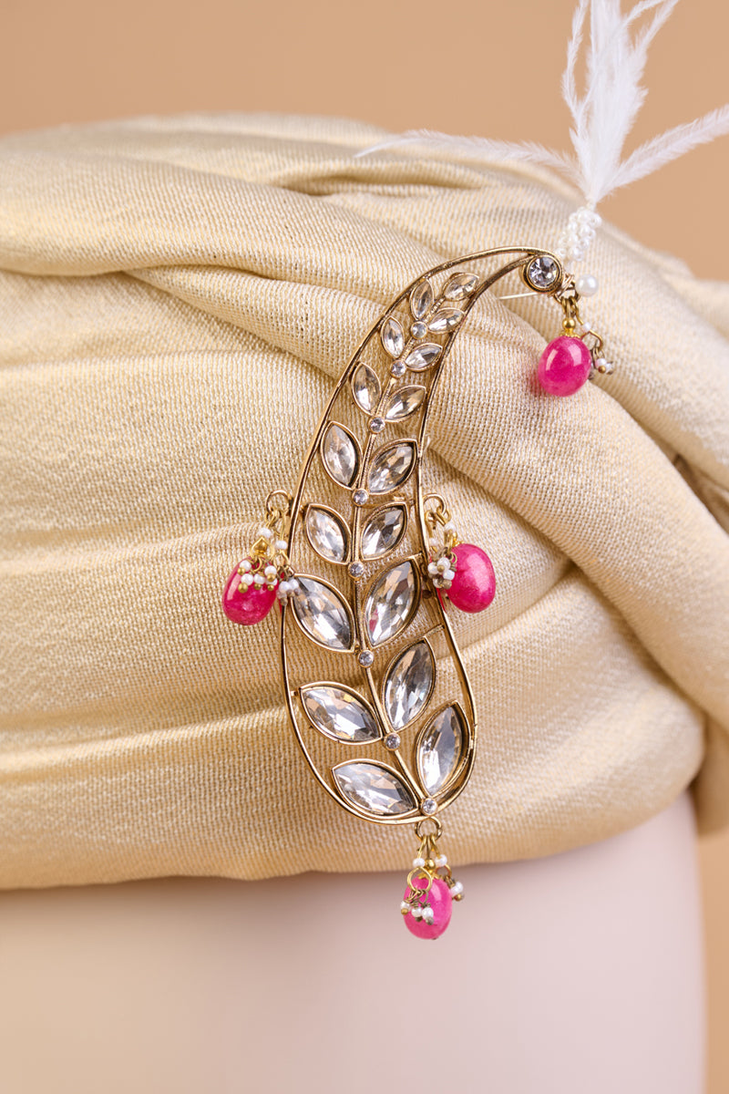 Ambi Shaped Sarpech With Pink Drop Beads & Feather