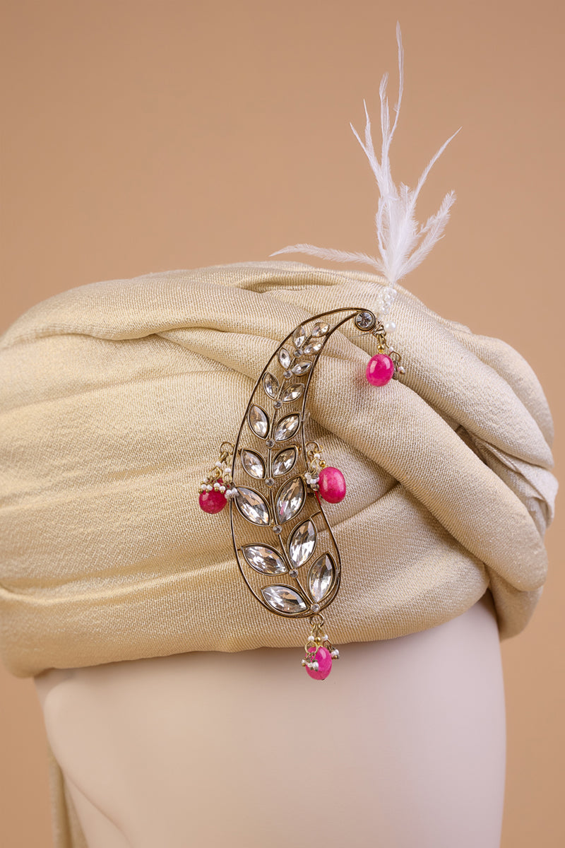 Ambi Shaped Sarpech With Pink Drop Beads & Feather