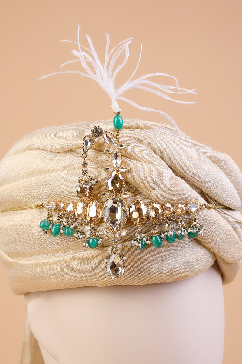 Green Pearl Crystal Drop Broad Sarpech With Feather