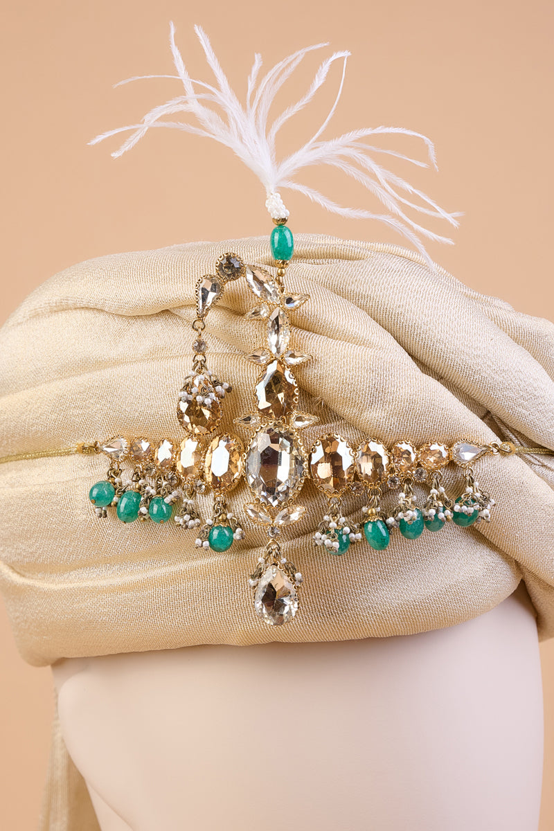 Green Pearl Crystal Drop Broad Sarpech With Feather