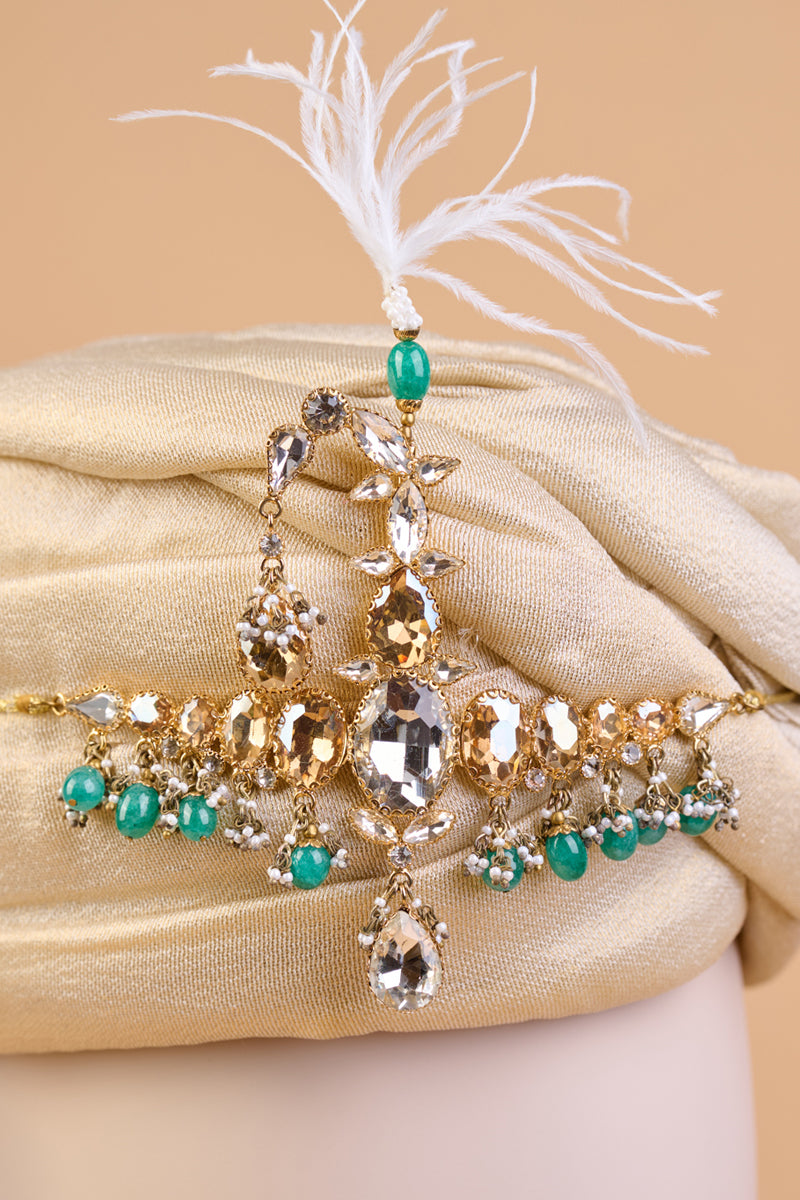 Green Pearl Crystal Drop Broad Sarpech With Feather