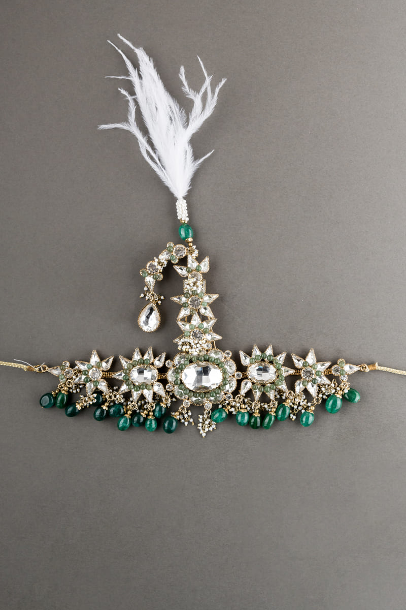 Dark Green Pearl Crystal Drop Floral Pattern Sarpech With Feather