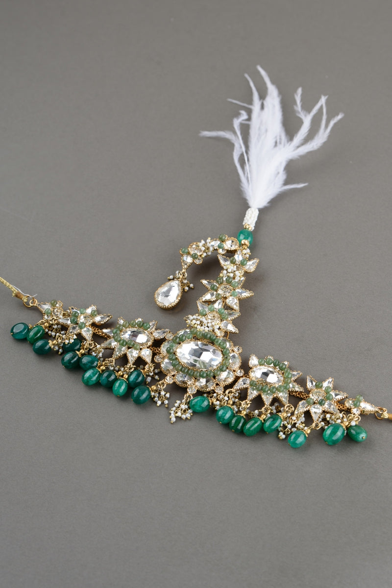 Crystal Drop Sarpech With Feather Detail