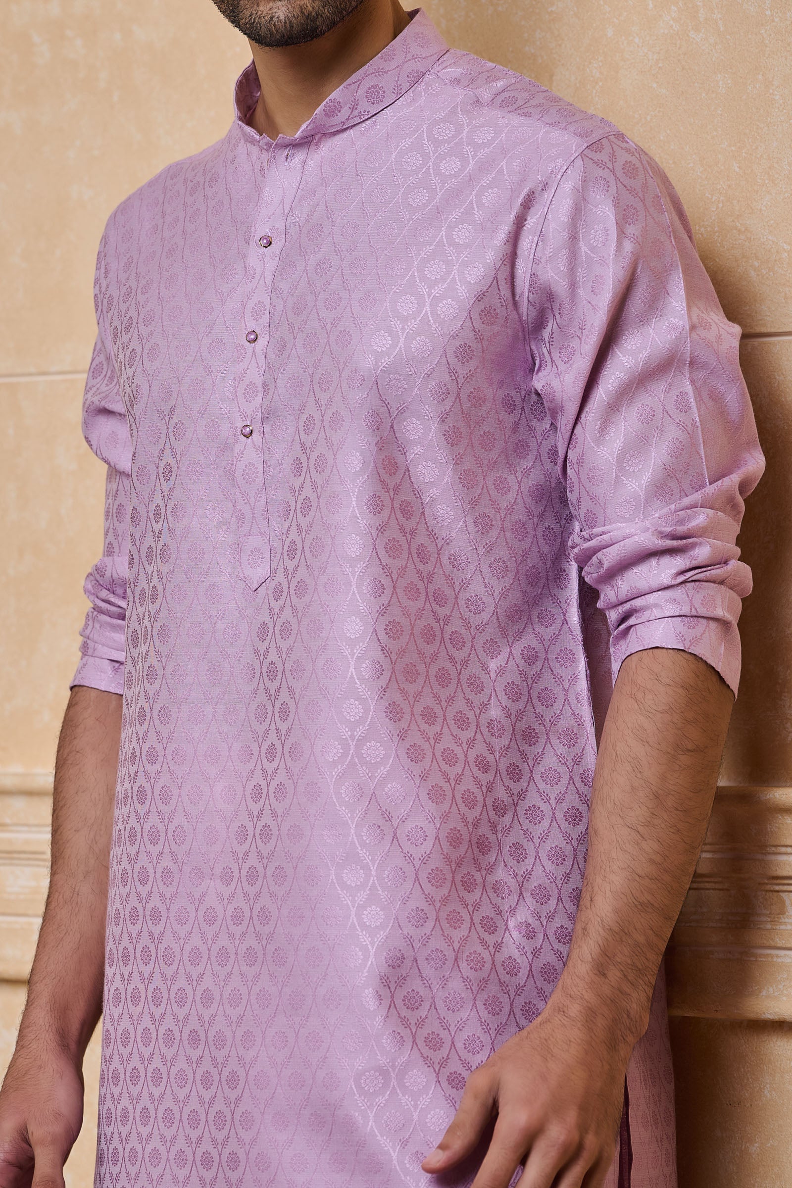 Lilac Floral Pattern Jacquard Kurta Set