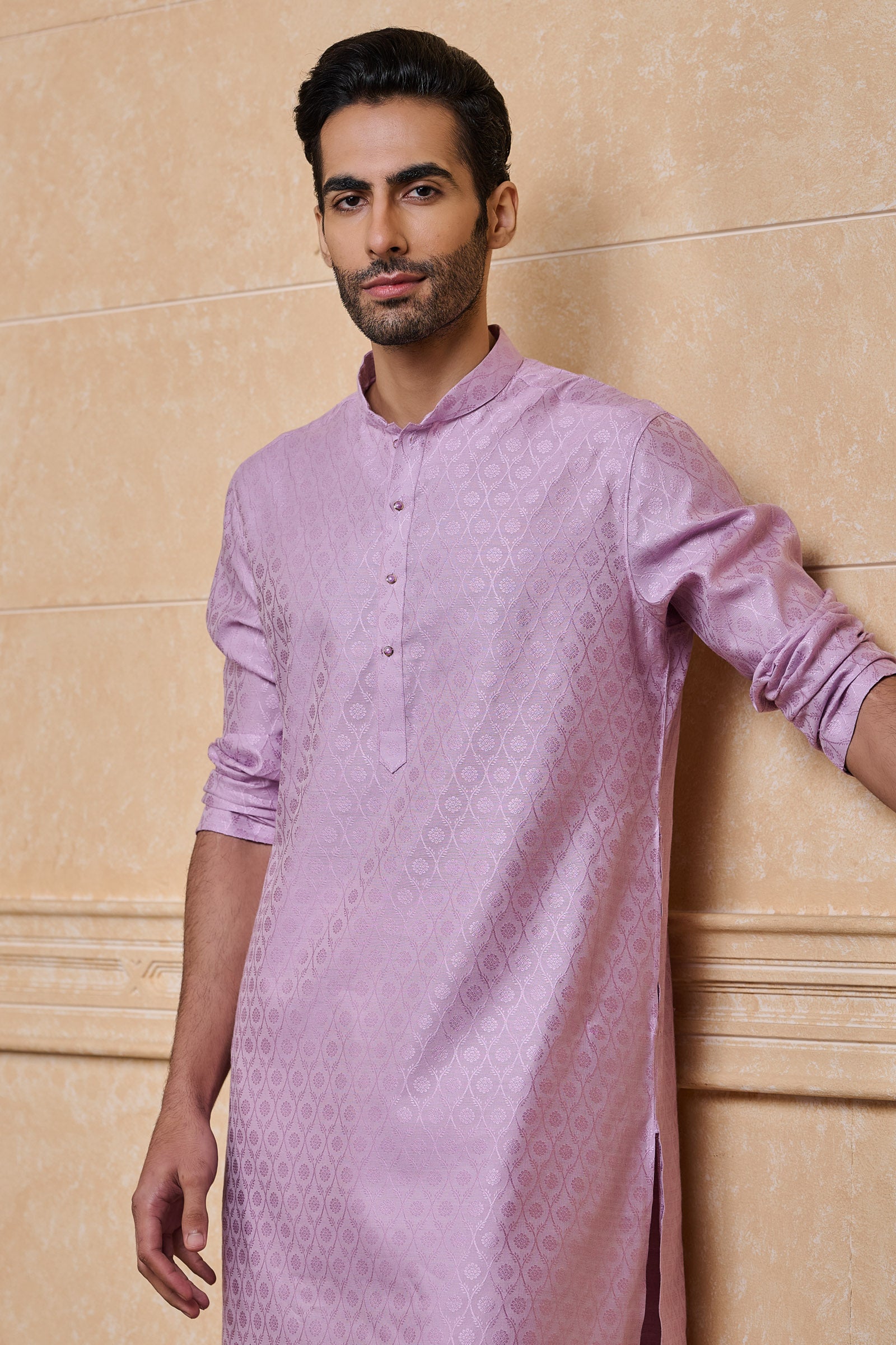 Lilac Floral Pattern Jacquard Kurta Set