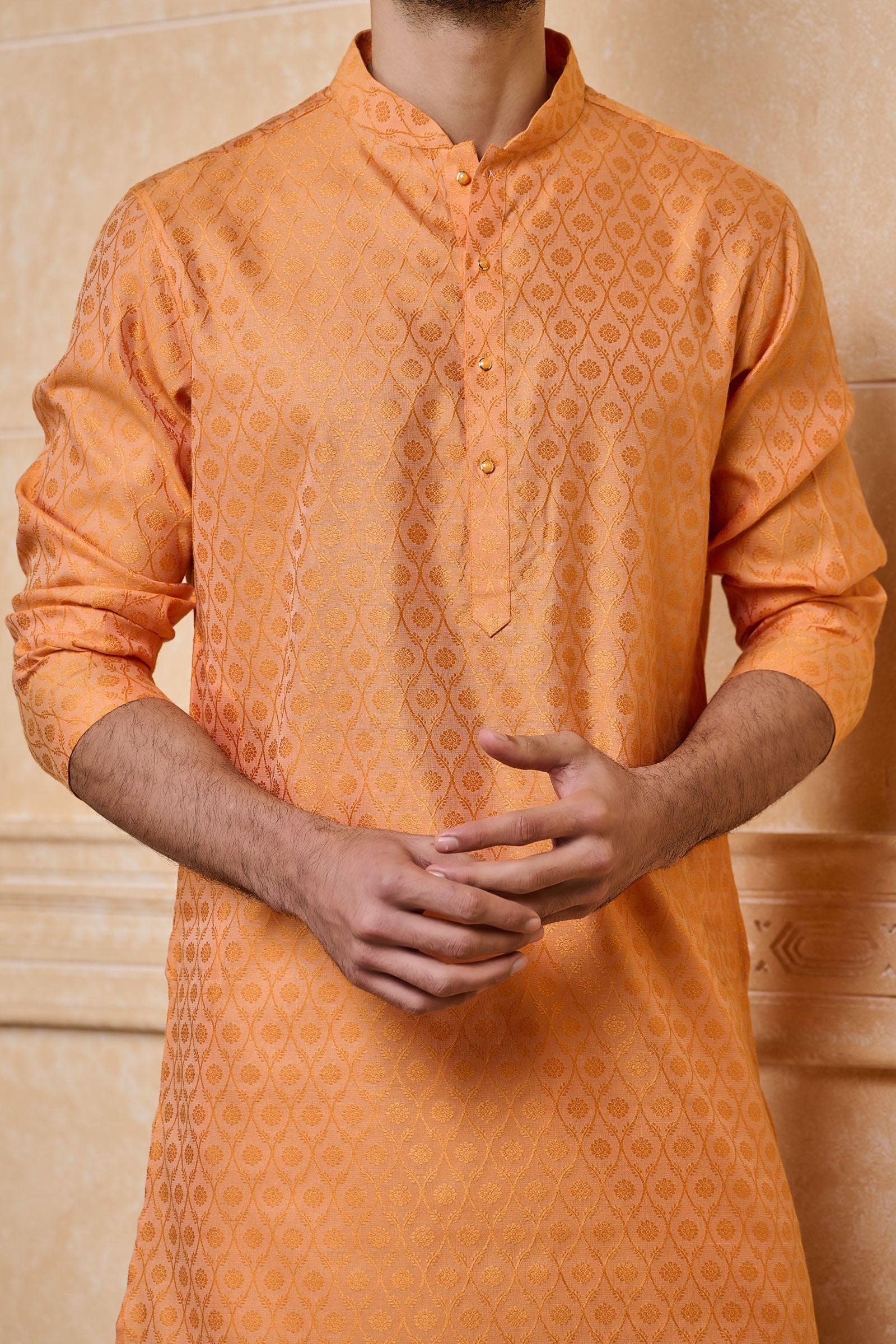 Orange Floral Pattern Jacquard Kurta Set