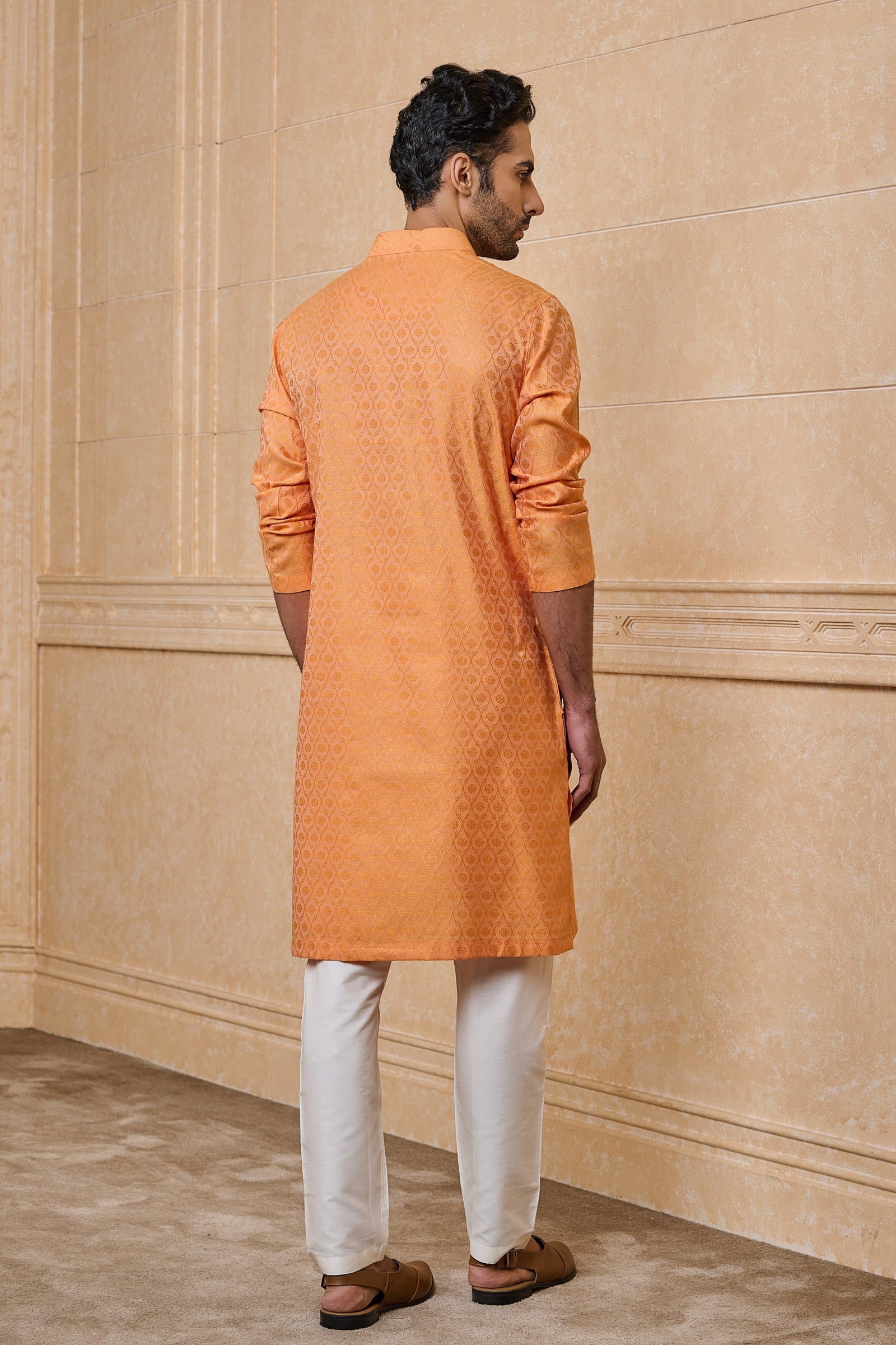 Orange Floral Pattern Jacquard Kurta Set