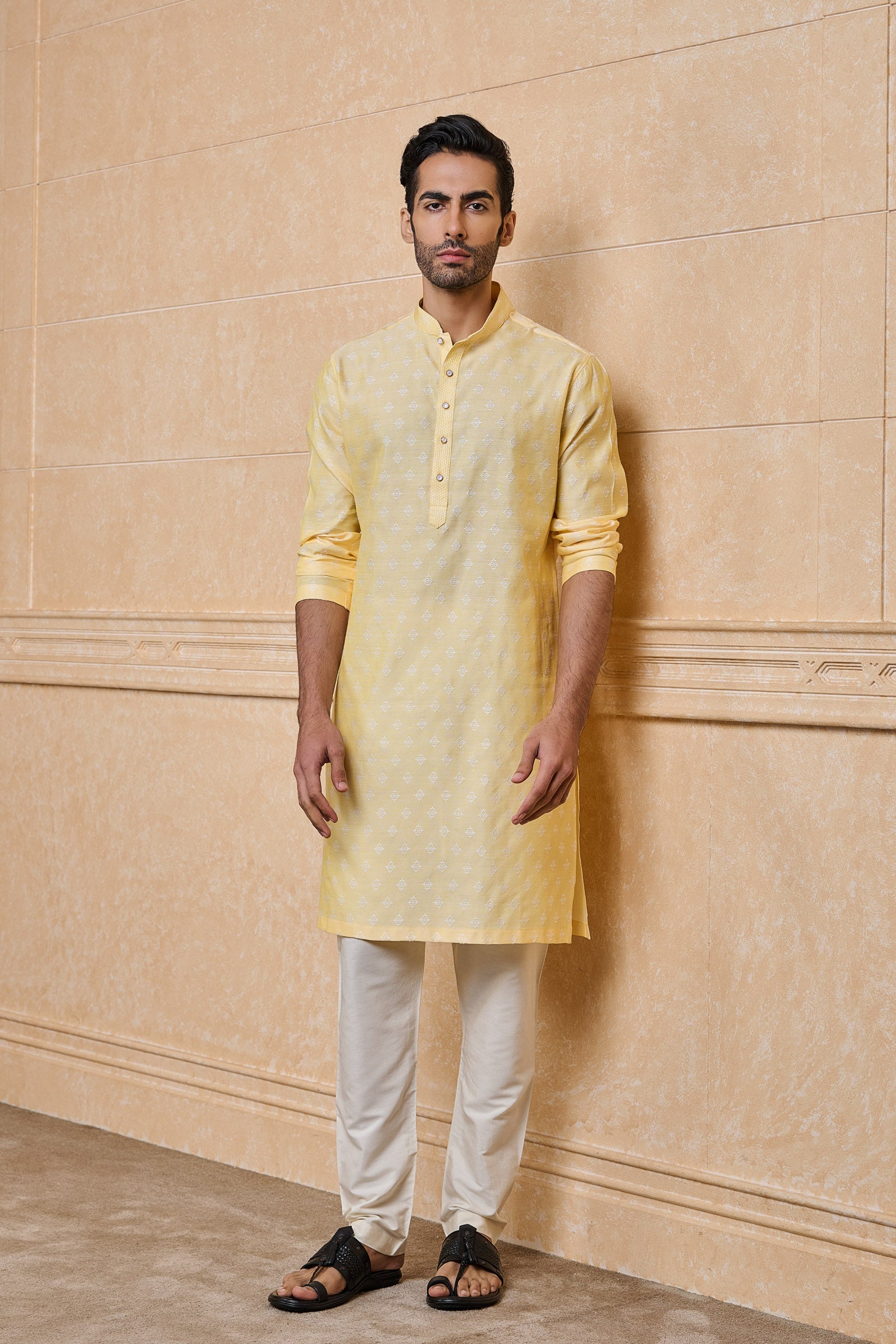 Light Yellow Jacquard Kurta Set With Top Stitch Detailing