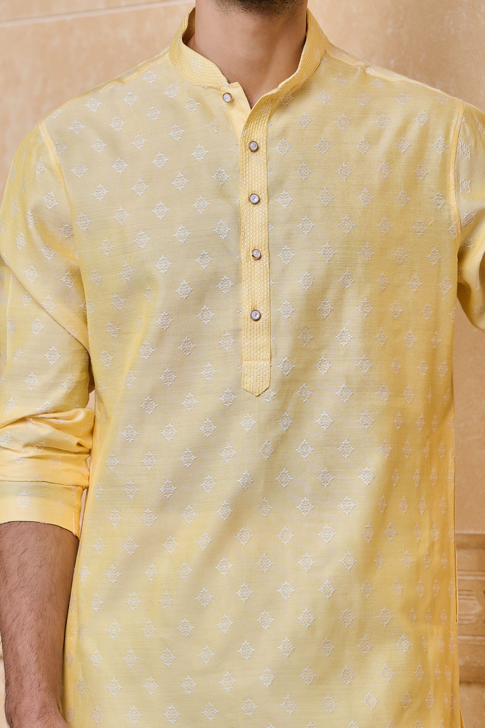 Light Yellow Jacquard Kurta Set With Top Stitch Detailing