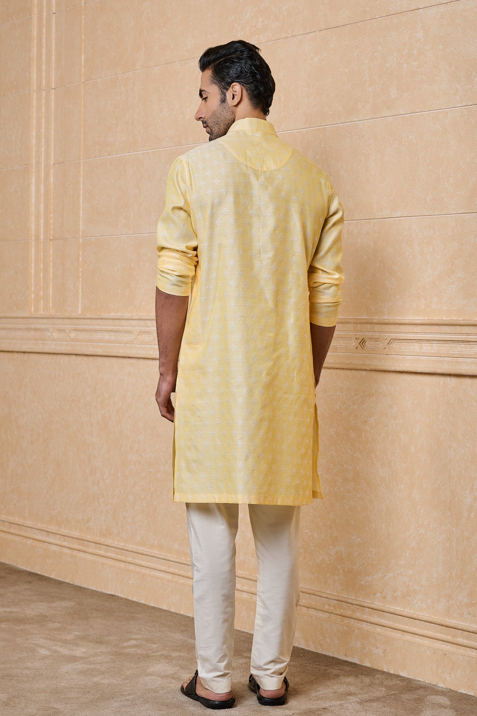 Light Yellow Jacquard Kurta Set With Top Stitch Detailing