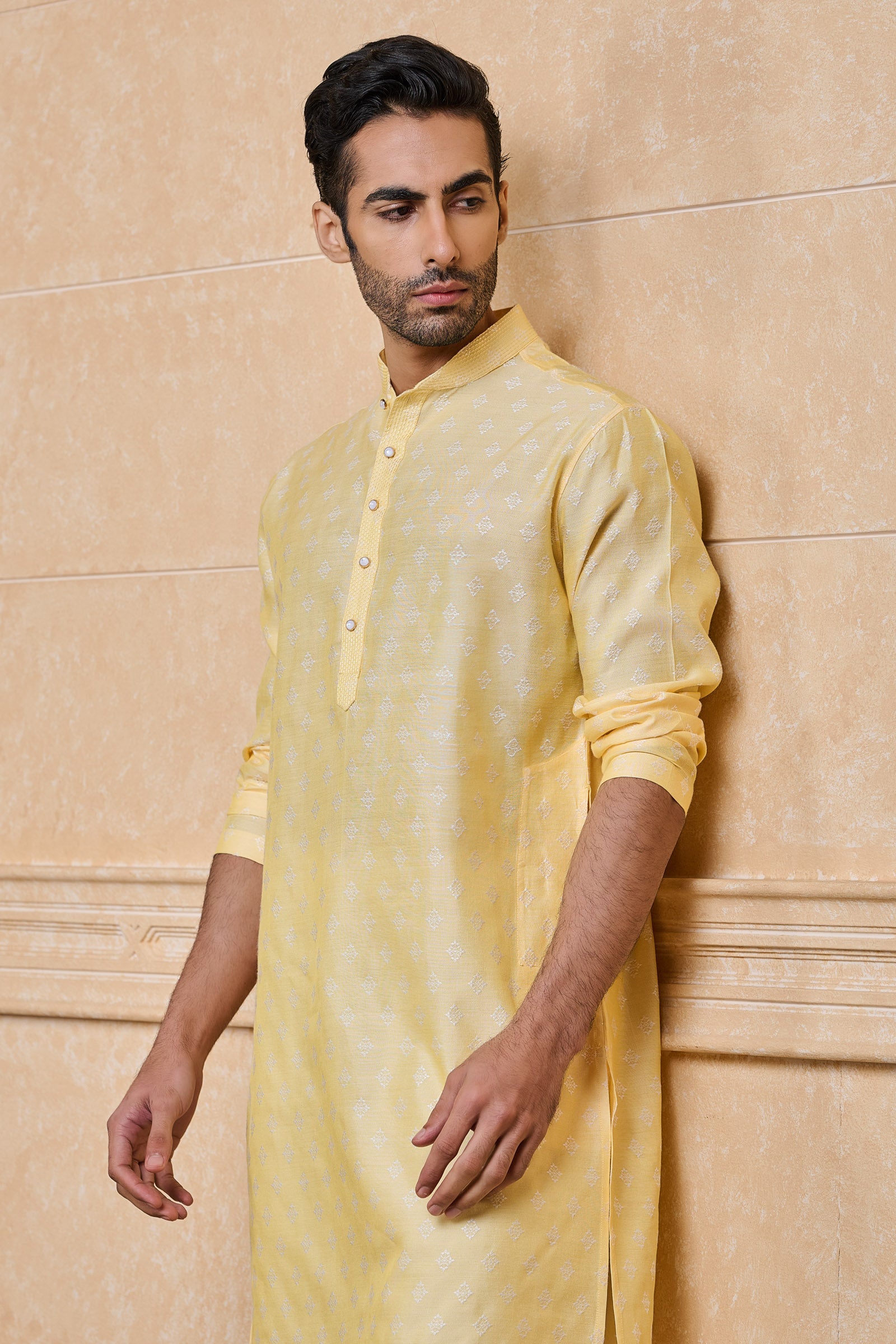 Light Yellow Jacquard Kurta Set With Top Stitch Detailing