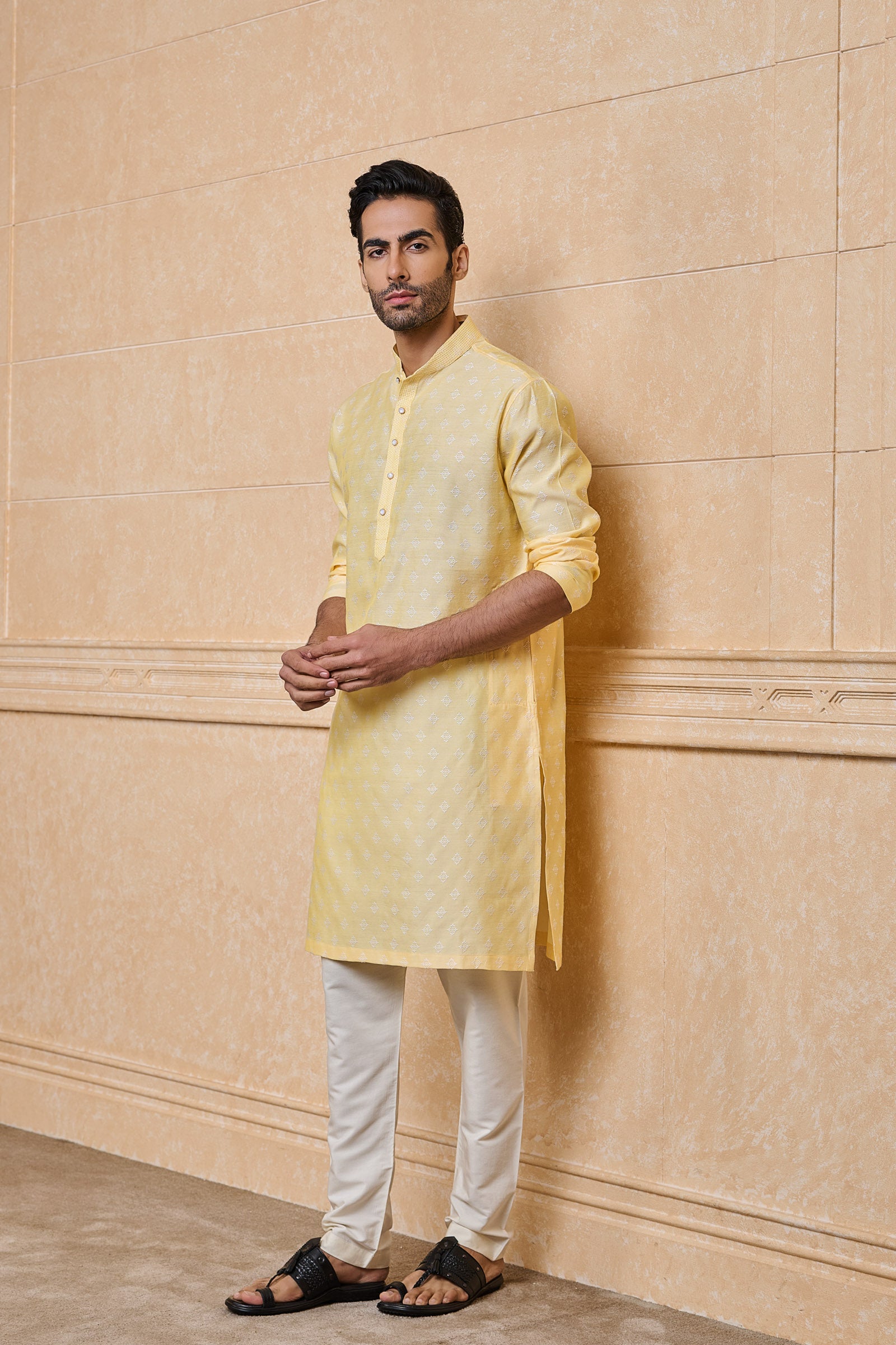 Light Yellow Jacquard Kurta Set With Top Stitch Detailing